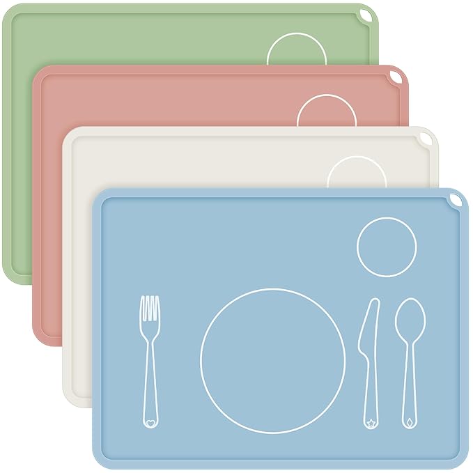 Zhehao 4 Pcs Montessori Kids Placemat 16 x 12'' Non Slip Baby Silicone Placemats for Toddlers Baby Eating Mat Food Mats for Toddler Dining Table Setting Learning Travel Kitchen(Neutral Colors)