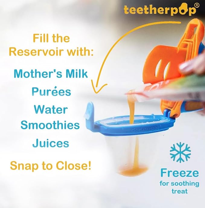 Teetherpop Fillable Silicone Teether for Babies – Breastmilk Popsicle Molds for Teething with Spill-Proof Sippy Slits – Freezable Baby Teethers for Liquids & Cooling Relief (3-Pack-Blue-Teal-Pink)