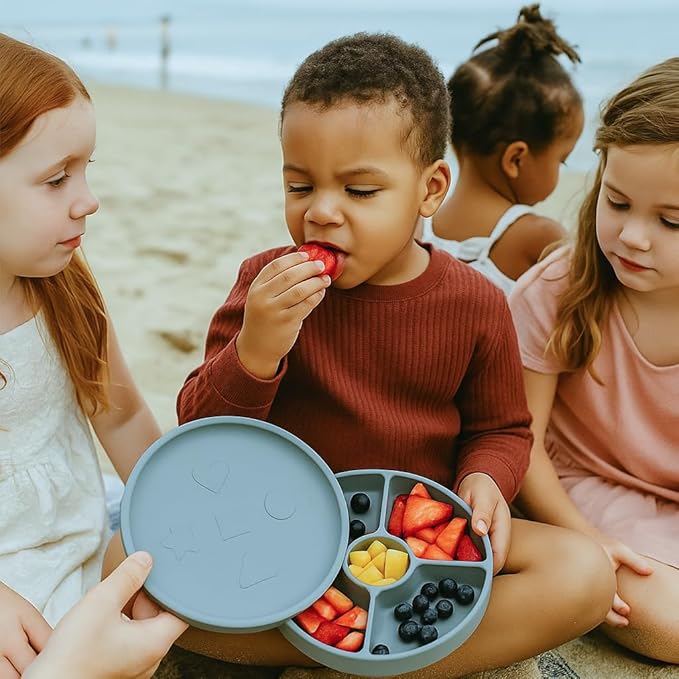 Talktools Bitsy Feeding Kid's Essentials Plate Set – Toddler Utensils, Spoon and Fork, Plate Lid, Perfect for Mealtime – Strong Suction Toddler Plates with 4 Compartments (Set-Sage)