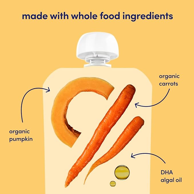 Cerebelly Organic Baby Food Pouches, Carrot Pumpkin Purees, 16 Nutrients, No Added Sugar, Fiber & Non-GMO, 4oz, 6 Pack