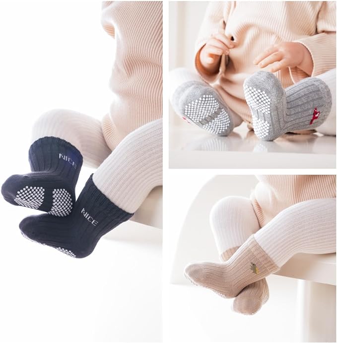 Baby Crew Socks,Grips Combed Cotton Socks Toddler Non-Skid for Girls,Boys Non Slip/Anti Skid 9-Pack