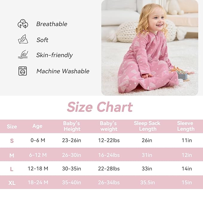 Baby Sleep Sack 12-18 Months, Long Sleeve Baby Wearable Blanket 0.5 Tog with Mittens, 2-Way Zipper Toddler Cotton Sleeping Sack for Boy and Girl Pink Rainbow 2 Pack(Large)
