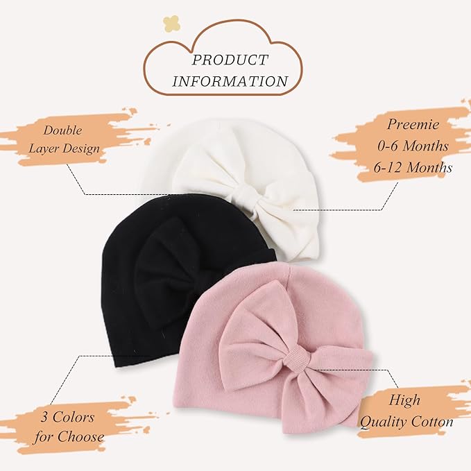 Bamery Newborn Baby Girl Hat Cotton Baby Bow Beanie Preemie Hats Spring Infant Hats for Girls 0-12 Months