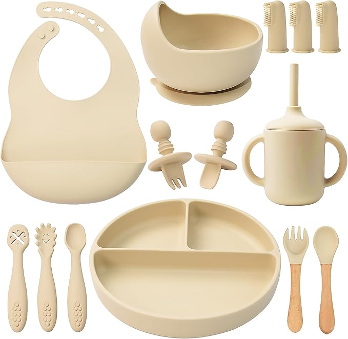 LITTLE RAWR Silicone Baby Feeding Set 14 Pcs,Baby Led Weaning Supplies, Baby Spoons Suction Bowl Divided Plate Bib Cup Finger Brush,First Stage Solid Food Eating Utensils - 6+ Months(Beige)