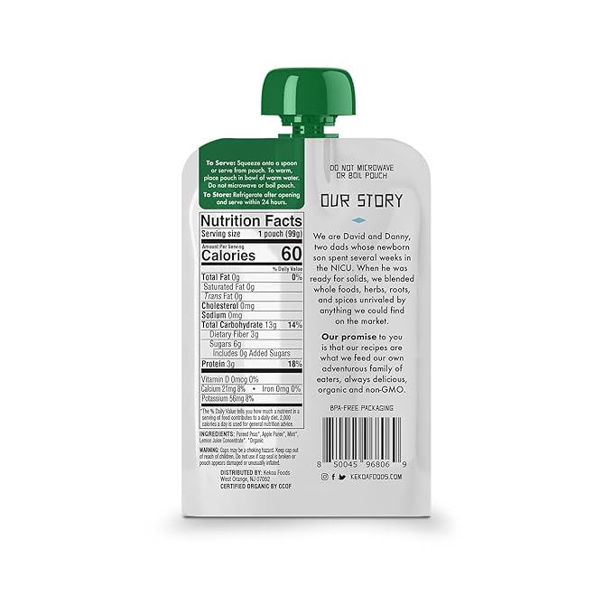 Kekoa Foods Peas & Mint Baby Food Purée | 100% USDA Certified-Organic Vegetarian Squeeze Pouch | Organic, Non-GMO, Gluten-Free, Vegan | Fiber & Protein Boosting First Food for Babies | 3.5 oz