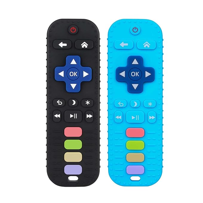 Chuya Baby Teether for Babies 3 6 12 18 24 Months TV Remote Control Shape Soft Gums Chew Toys Black+Blue