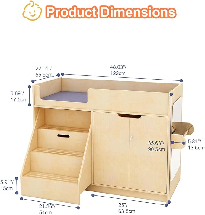 Wooden Baby Changing Table with Mirror, 100% Birch Plywood Toddler Diaper Changing Station with Stairs & Storage, Montessori Furniture for Daycare, Nursery, Home, School
