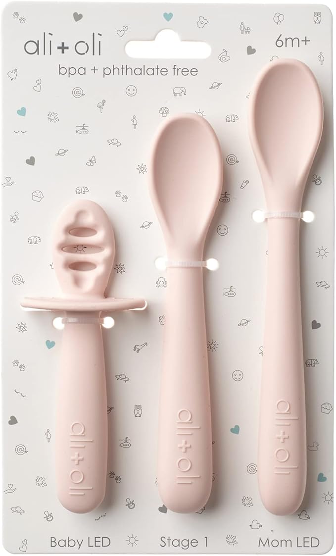 Ali+Oli (3pc) Silicone Spoon Set for Baby (Blush) Unbreakable Baby Spoons, Self Feeding Utensils, Multi-stage Design, Ergonomic Handle