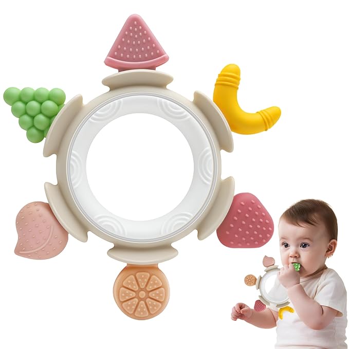 Baby Teething Ring Toy for 3–12 Months, Silicone Infant Teether for Sore Gum Relief, Soothing Sensory Chew Toy, Ideal Newborn Gift for Boys Girls Baby Shower, Birthday or Christmas, Brown