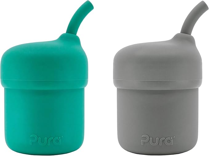 Pura my-my Silicone Straw Cup| Spill Proof, Reusable, Food Grade Silicone, Plastic-Free | For Kids, Toddlers, Babies & Infants - 2 Pack Mint & Slate