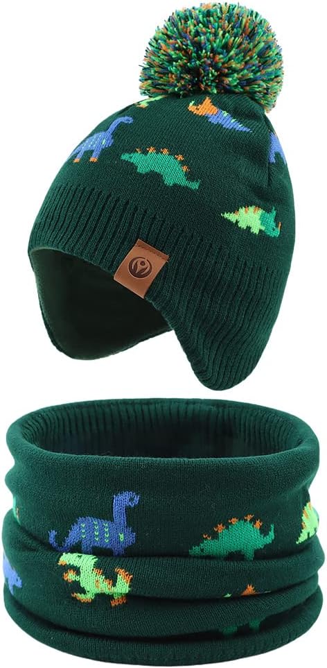 JANGANNSA Knitted Baby Hat Scarf Set Winter Warm Boys Girls Beanie Fleece Lining Toddler Kids Hats with Pompom