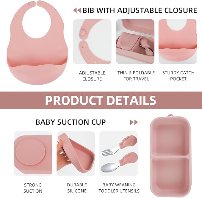 Travel Silicone Baby Feeding Set with 316 Stainless Steel Spoon & Fork,Silicone Suction Plates, Foldable Bib, Storage Bag - Portable Infant Toddler Utensils, 6-Piece BPA-Free Dishware Kit（pink）