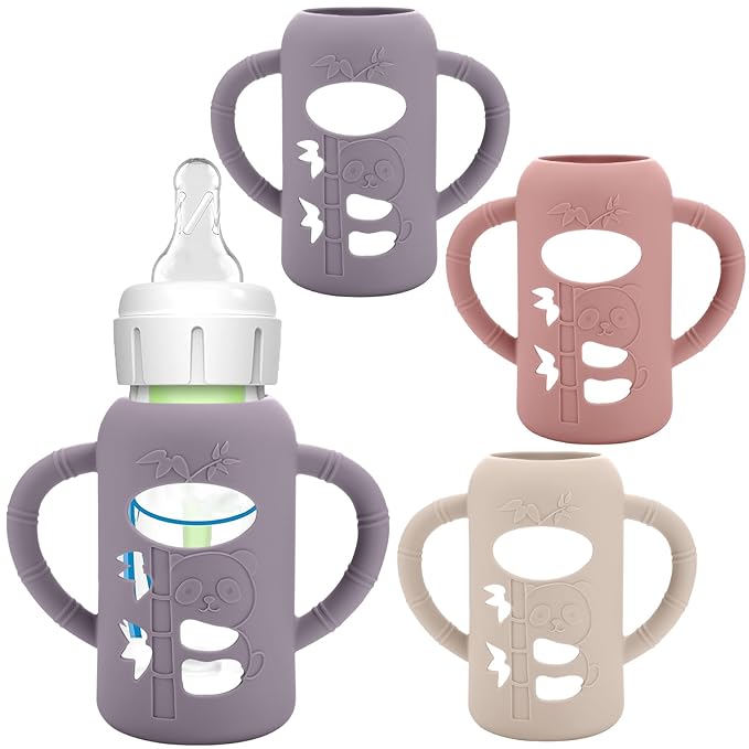 BUSOHA 3 Pack Silicone Sleeves for Dr. Brown's Glass Baby Bottles - Drop Protection Baby Bottle Sleeves,Compatible with Dr. Brown's Newborn Glass Bottles,with Silicone Handles,4 oz