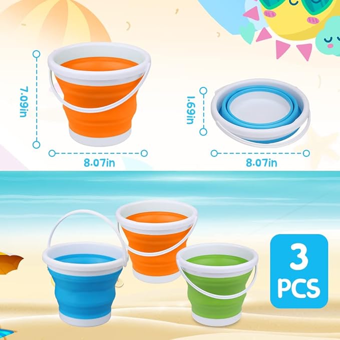 Silicone Beach Foldable Buckets Toys Halloween Bucket, 3L Jumbo Sand Pails Bucket Set with Mesh Bag, Swimming Pool Toys for Kids Adults, Gift Set for Gardening, Travel, Fishing, Cleaning, Camping