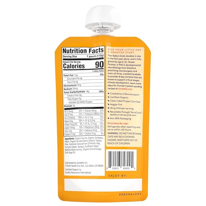 Cerebelly Organic Baby Food Pouches, Carrot Chickpea Purees, 16 Nutrients, No Added Sugar, Fiber & Non-GMO, 4oz, 12 Pack
