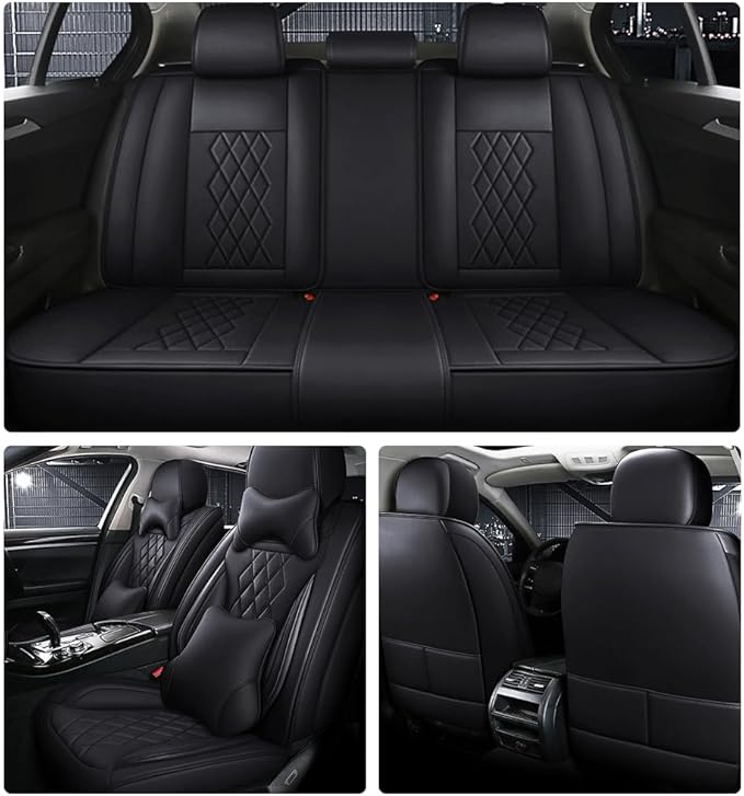 Leather Car Seat Covers for Volkswagen Atlas 2019-2023 Waterproof, Breathable, Non-Slip Napa Leather Car Seat Covers, Comfortable, Durable and Easy to Install（5PCS Luxury,Classic+Black）