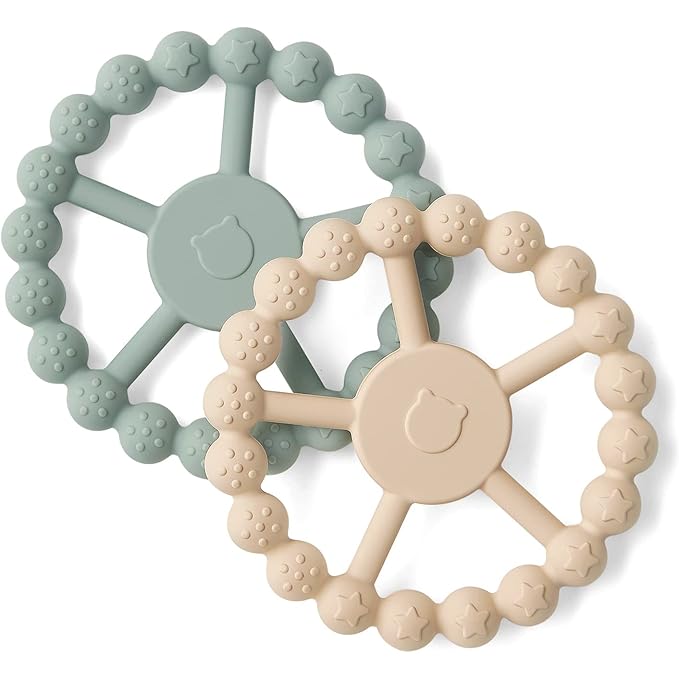 SAMiGO Ring Baby Teether Toys, Silicone Teething Ring Toys for Babies 0-6 6-12 Months, Baby Teethers 0-3 Months, Infant Teething Relief, Boy Girl Baby Essentials Must Haves - 2 Pack