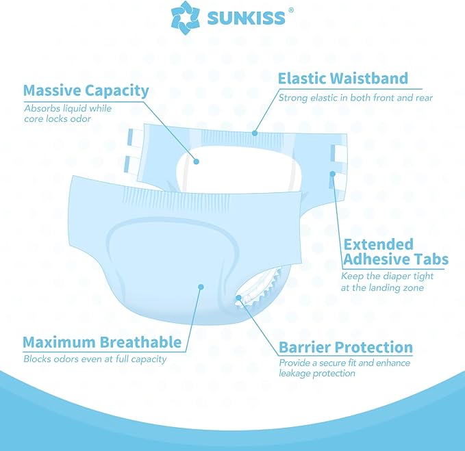 SUNKISS Masterpiece Adult Diapers with Tabs, Unisex Disposable Incontinence Briefs for Women and Men, Odor Control, Blue, L/XL, 10 Count