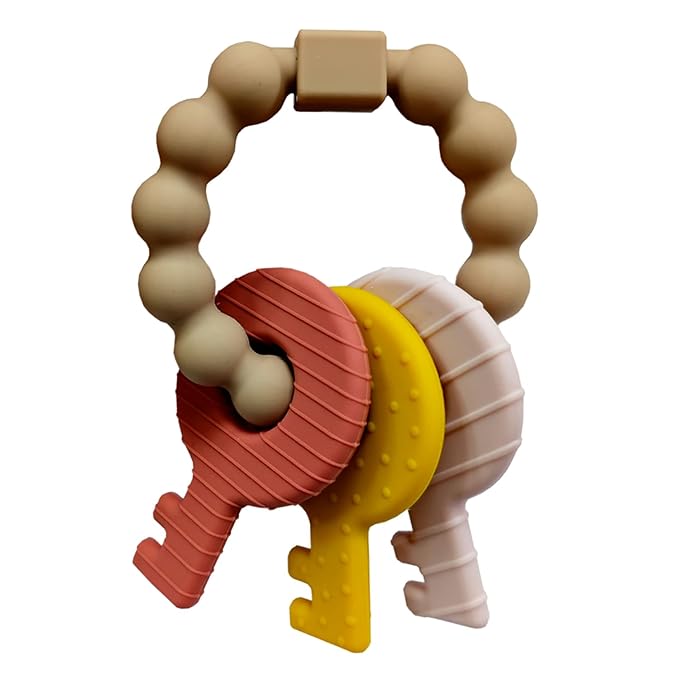 Baby Keys Teether Toys,Silicone Teething Toys for 3+ Months,Teething Keys Toy for Infants-Soft & Raised Texture to Soothe Gums,BPA Free(Brown)