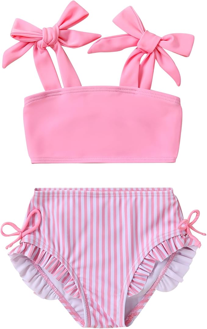 Toddler Swimsuit Girl Color Block Stripe Swimwear Baby Girl Summer Beach Bathing Suits Bikini Set with Ruffled Edges
