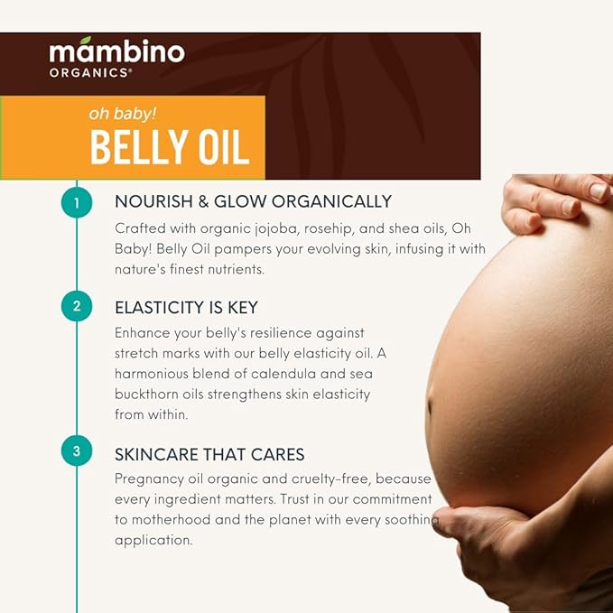 Mambino Organics Oh Baby! Belly Oil for Pregnant Women, Organic Stretch Mark Oil for Pregnancy, Postpartum Skin Elasticity, Hydration, With Tamanu, Shea Butter, Calendula, Vegan, Non-GMO, 2 fl oz