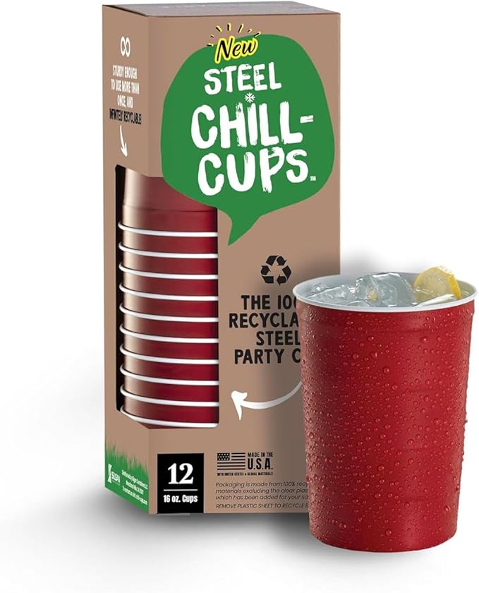 16 oz. Party Cups, Perfect for Cold Drinks, Sturdy & Durable, Disposable and 100% Recyclable, Made in USA, Red, 12 Count