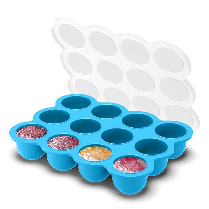 Samuelworld Baby Food Storage Container, 12 Portions x 2.5oz - BPA Free Silicone Freezer Tray with Clip-On Lid for Breast Milk Storage, Homemade Baby Food, Vegetable & Fruit Purees - Blue