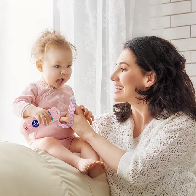 Silicone Baby Teething Toys, Remote Control Shape Teethers Toys with Teething Tubes and Pacifier Clip, Baby Teething Toys for 3 Months+, Remote Teething Toy BPA Free/Freezable/Dishwasher Safe(Pink)