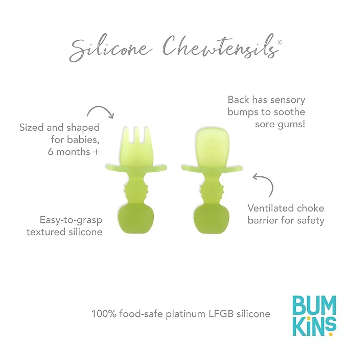 Bumkins Baby Utensils Set, Chewtensils Silicone Spoons for Dipping, Self-Feeding, Baby Led Weaning, Trainer Learning, First Stage Eating, Soft Practice Fork and Spoon, Babies 6 Months, Green Jelly