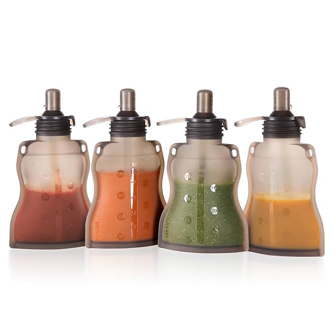 haakaa Reusable Baby Food Pouches Refillable Baby Squeeze Silicone Yummy Pouch, Soft Reusable Squeeze Storage Food Pouch for Kids Toddler,Home Made Food Puree,Smoothie Pouch Bag, 4oz, 4 Pack,6m+
