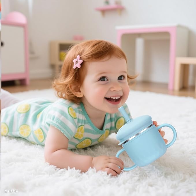 BUSOHA Stainless Steel Sippy Cups - 3 IN 1 Silicone Sippy Cup for Toddlers Baby Straw Cup with Brush Kids Cups with Lid and Silicon Straw Anti-Drop Spill Proof Cups for Travel,8 oz, Blue