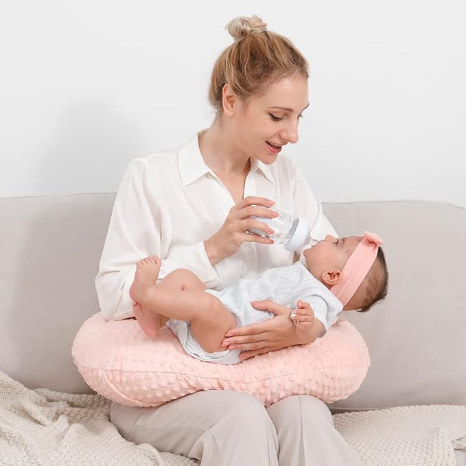 Nursing Pillow and Positioner, Breastfeeding, Bottle Feeding, Baby Sitting Support with Removable Ultra Soft Cover, Tummy Time Support for Baby Boys and Girls (Lightpink)
