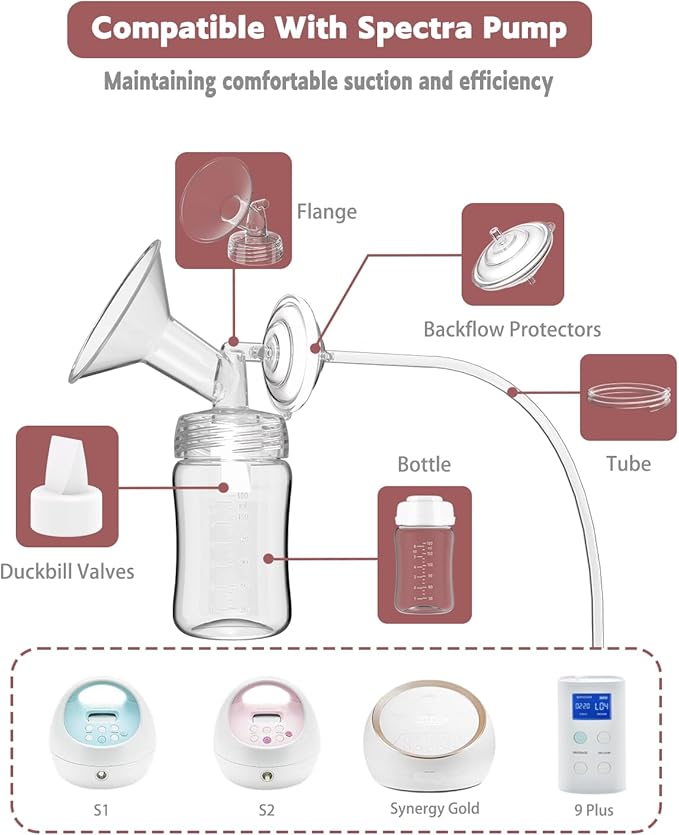 4packs 13mm Full Breast Replacement Pump Parts for Spectra S1 S2 9 Plus Synergy Gold Include 13mm Flange,Valve,Backflow Protector,Tube,Bottle,Caps, Fit for Motif Luna Cimilre Ameda MYA Pump