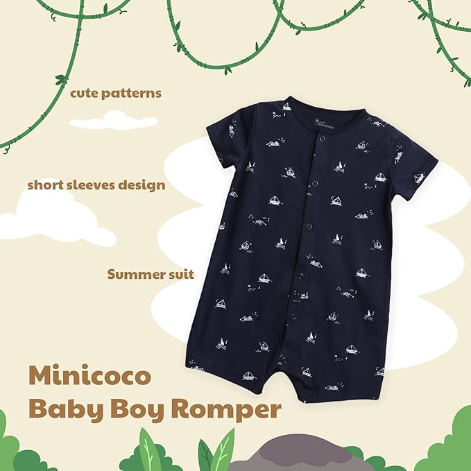3-Pack 100% Cotton Baby Boy Rompers,0-24Months Short Sleeve Toddler Romper,Breathable Spring/Summer Clothes
