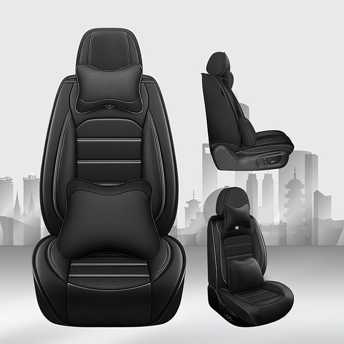 JOJ Car Seat Cover Fit for Toyota Highlander 2001-2025,7 Seat Car Seat Cover,No-Slip Waterproof Breathable Faux Leather,Full Set with Pillow Steering Wheel Covers,Black