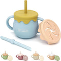 Honey Jar Pot 3-in-1 Silicone Training Cup 8.5oz, Baby Sippy Cup with Straw & Snack Cup for 6 months+ Straw Cup for Baby Boy Gift, Open Cup Toddler Smoothie Drinkware (Honey Jar Blue)