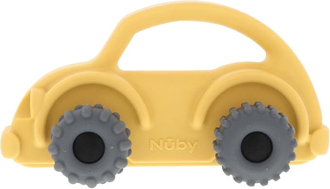 Nuby Silicone Teether Toy for Babies - Textured Teething Yellow Bug Car with Moving Wheels - Soothes Sore Gums - Encourages Tactile Development and Hand-Eye Coordination - Ages 6+ Months