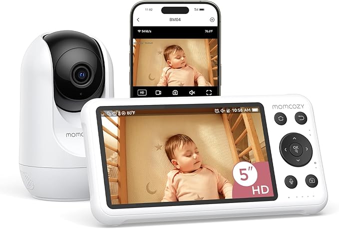 Momcozy Smart WiFi Baby Monitor with Camera and Audio, 5" 1080P Screen with Wall Mount, Motion & Cry Detection, Safe Fence, Clear Night Vision, 5000mAh Battery, 2-Way Talk, Photo & Video Recording