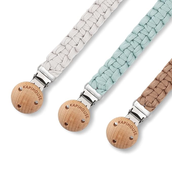 Pacifier Clip for boy 9.2 Inch Pacifier Leashes woodern Clips Teething Toy with Handmade Braided Cotton Modern Unisex Baby Shower Birthdays Christmas Set (3 Pack Boys)