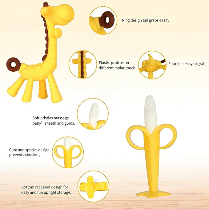 HAILI XMGQ Baby Teething Toys 3-6 Months, Baby Chew Teether Freezer BPA Free, Babies Teething Relief for Infants, Banana Toothbrush, Fruit Shape Giraffe Newborn Teether Gift for Baby Boy and Girl