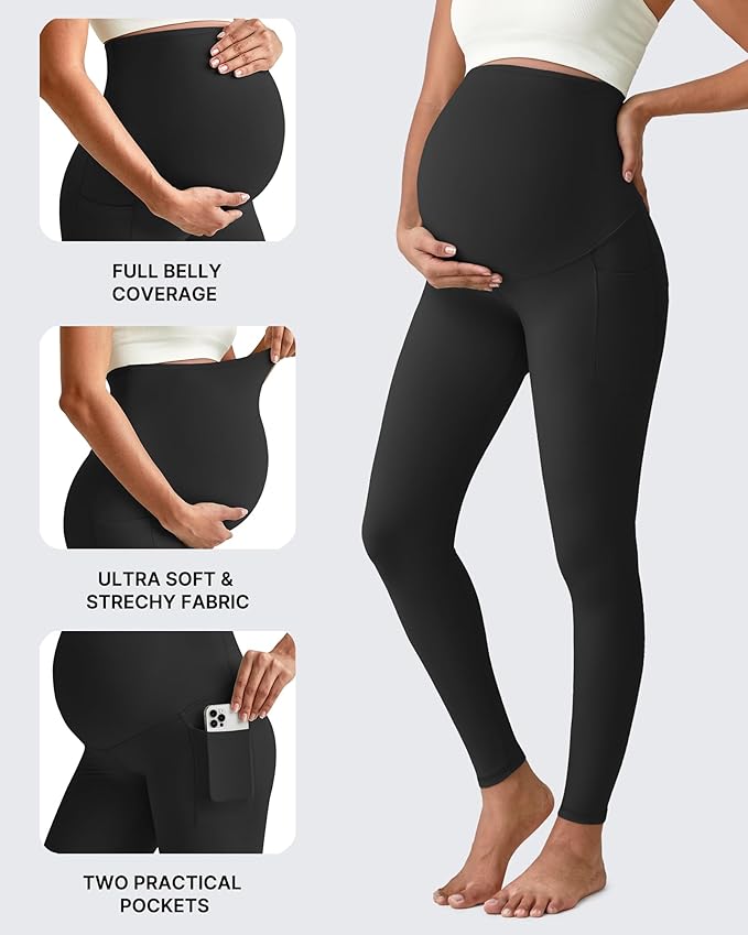 G4Free Maternity Leggings for Women Over The Belly Pregnancy Yoga Pants with Pockets Soft Activewear(Black,M,25")