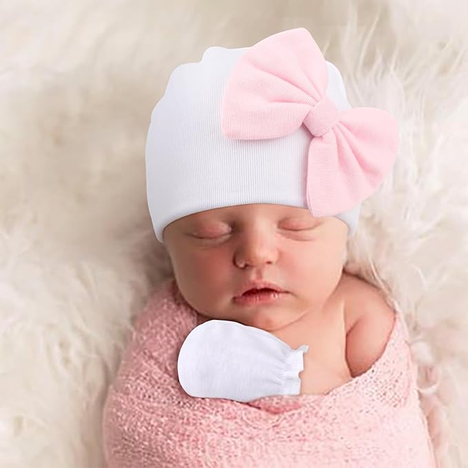 BQUBO Newborn Baby Girls Hats Mittens Set Hospital Hat Beanie Infant Bow Hats Baby Cotton Gloves for 0-6 Months