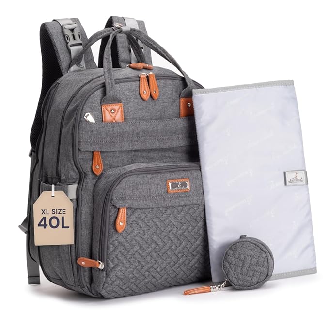 BabbleRoo Extra Large Diaper Bag Backpack, Expandable Baby Bag with Up to 50% More Capacity - Travel Essentials Baby Bag Tote with Changing Pad, Stroller Straps & Pacifier Case - Unisex, Dark Gray