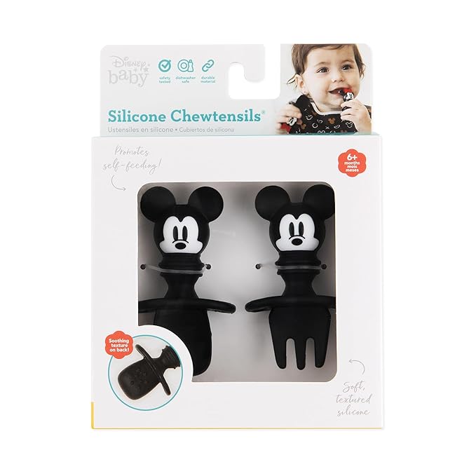 Bumkins Disney Baby Utensils Set, Chewtensils Silicone Spoons for Dipping, Self-Feeding, Baby Led Weaning, Trainer Learning First Stage Stage Eating, Fork and Spoon, Babies 6 Months, Mickey Mouse