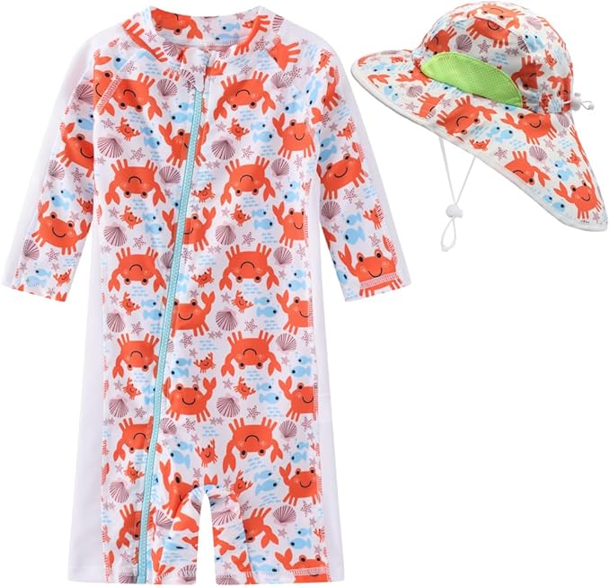 Toddler Baby Boys Swimsuit Rashguard One Piece Zipper Bathing Suit with Sun Hat Infant Swimwear Sunsuit UPF 50+