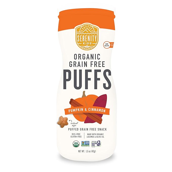 Serenity Kids 6+ Months Grain-Free Allergen-Safe Puffs for Toddlers & Babies - No Grains, Gluten, Nuts, Rice - Organic Veggies, Legumes, Olive Oil (1.5 Ounce (1 Count), Pumpkin & Cinnamon)