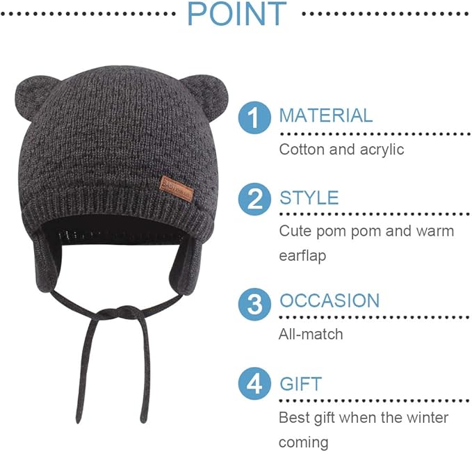 BAVST Baby Beanie Hat for Winter with Earfalp Cute Bear Kids Toddler Girls Boys Warm Knit Cap 0-2Years
