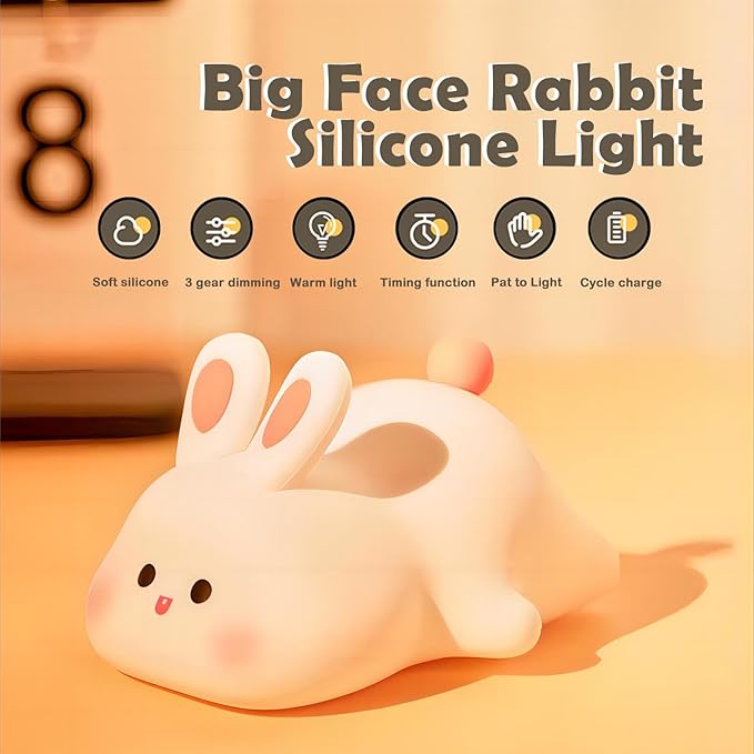 S NMT Cute Rabbit Silicone Night Lights Cartoon Bedroom Lamp for Children's Room Decor, USB Rechargeable Timing Dimming Silicone Sleep Light for Kids, Toddler, Baby