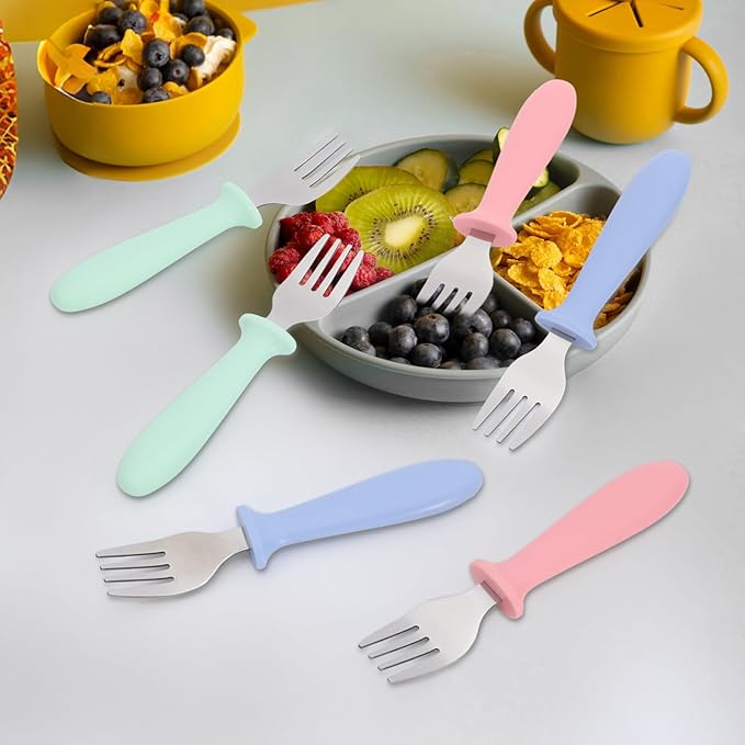 Pimoys 6-Pack Stainless Steel Toddler Forks Baby & Kids Utensils for Self-Feeding Plastic Handle Dishwasher Safe