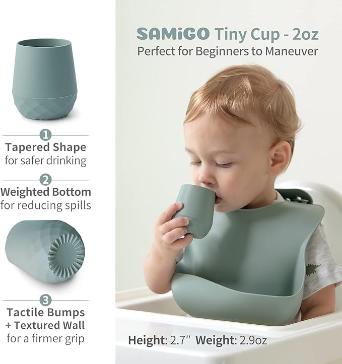 SAMiGO Silicone Baby Utensils - Self Feeding Spoons and Tiny Training Cup - First Stage Baby Led Weaning Supplies for 6 Months+ Infants - Set of 4